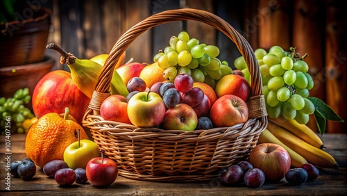 Close-Up of a Basket Filled with Fresh Fruits Captured in Low Light, Highlighting Vibrant Colors and Textures for a Stunning Visual Experience