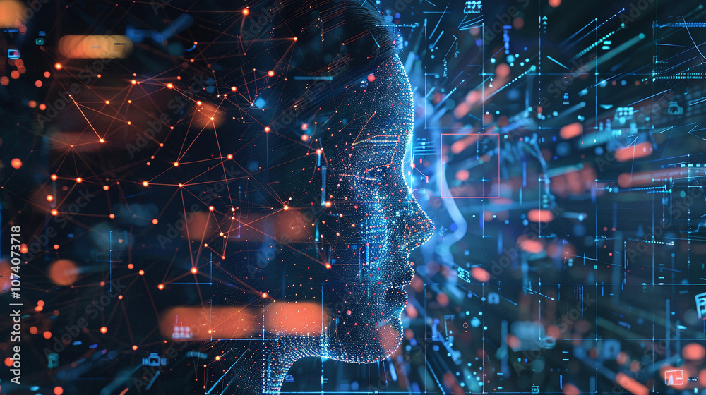A Digital Representation of a Human Face Surrounded by Vibrant Data Streams and Connections Showcasing Advancements in Artificial Intelligence and Technology Integration