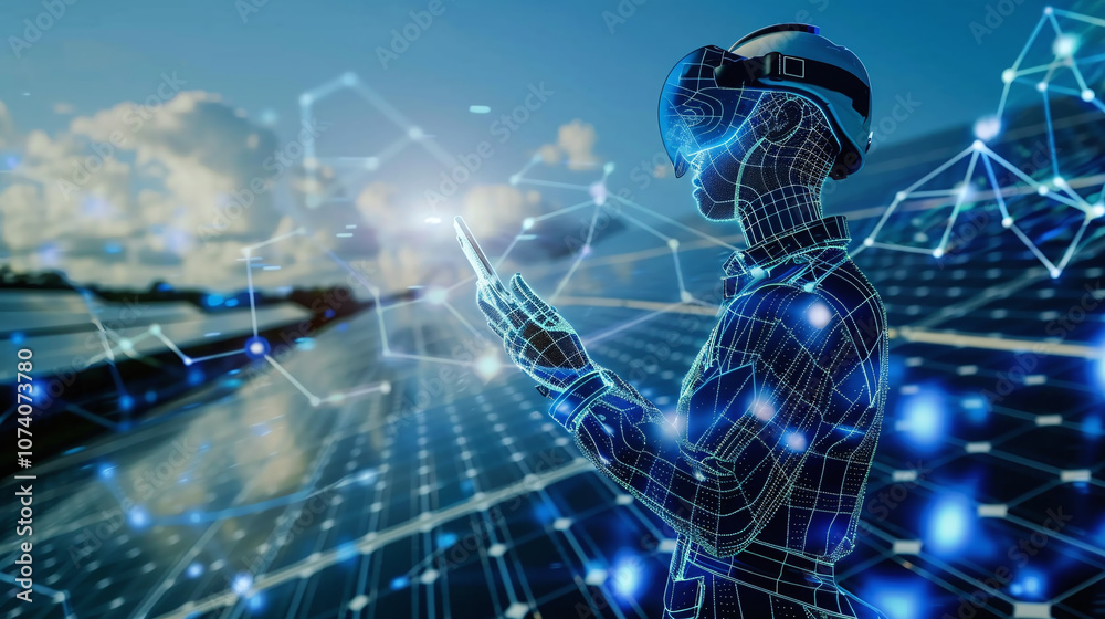 A Person Using Virtual Reality Technology in an Outdoor Solar Energy Field During the Late Afternoon, Showcasing a Blend of Renewable Energy and Digital Innovation