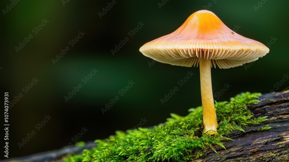 A vibrant orange mushroom stands on a mossy log, showcasing delicate gills and a forest backdrop, highlighting the beauty of nature's fungi.