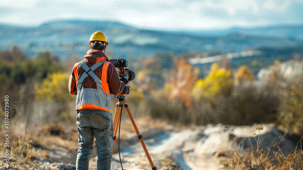 A Surveyor Measures Land in a Forest Area During Autumn, Showcasing Colorful Foliage Under a Bright Sky in a Rural Location A Surveyor Measures Land in a Forest Area During Autumn, Showcasing Colorful Foliage Under a Bright Sky in a Rural Location