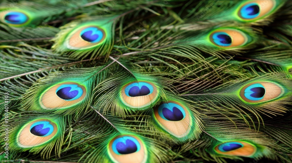 Fototapeta premium A vibrant close-up of peacock feathers, showcasing their iridescent colors and intricate patterns.