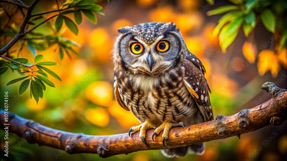 Close-Up of a Majestic Owl with Striking Yellow Eyes Perched on a Branch in Tilt-Shift Photography Style, Capturing Nature's Beauty and Intricate Details of Wildlife