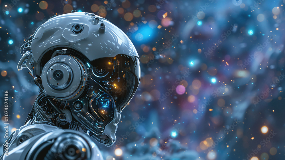 A Futuristic Robot With Intricate Circuitry and a Glowing Core Stands Against a Backdrop of Colorful Lights and Swirling Mist, Showcasing Advanced Technology and Artificial Intelligence