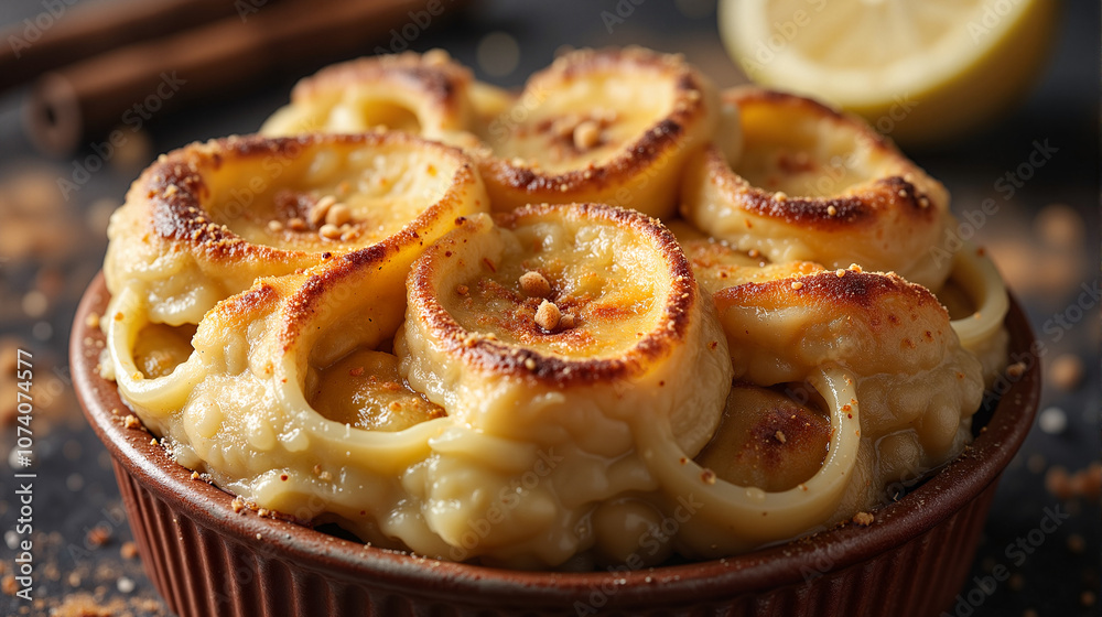 Banana souffle with caramelized banana slices in brown ramekin Banana souffle with caramelized banana slices in brown ramekin