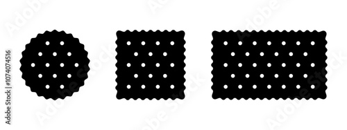 Set of cracker silhouettes. Sweet or salty biscuit cookies in round, square and rectangle shapes. Popular crunchy snacks icons isolated on white background. Vector graphic illustration.