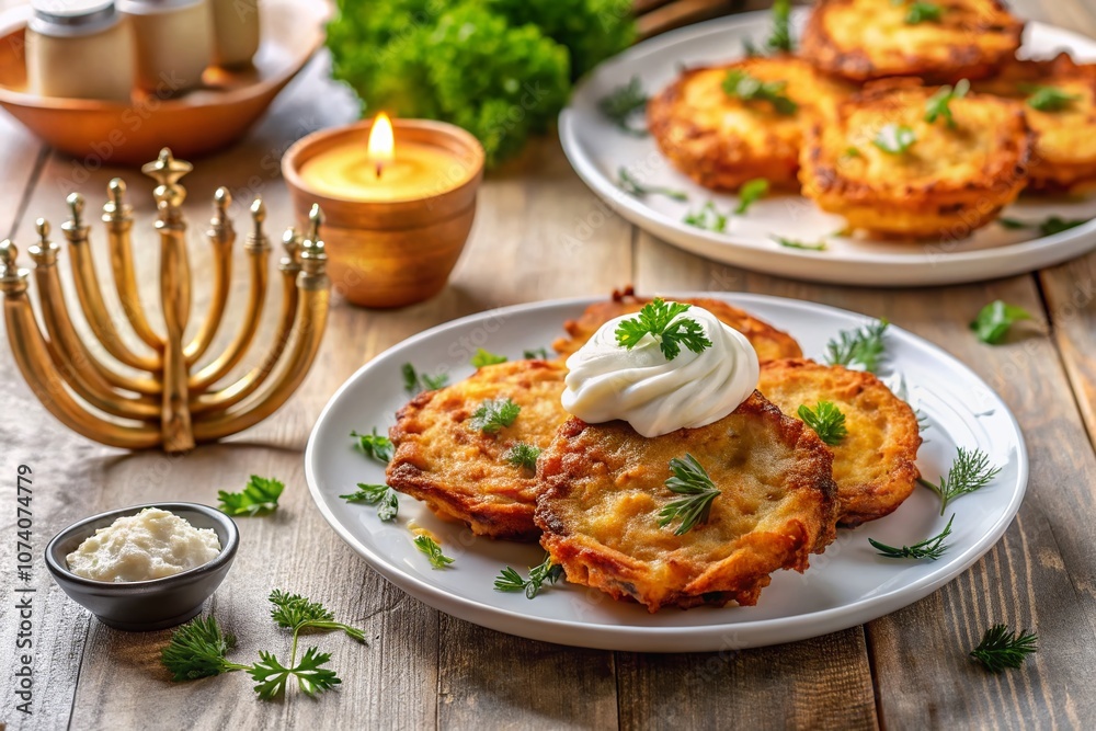 Close-Up of Crispy Golden Hanukkah Latkes on a Minimalist White Plate with Sour Cream and Applesauce Garnish for Festive Culinary Delight Close-Up of Crispy Golden Hanukkah Latkes on a Minimalist White Plate with Sour Cream and Applesauce Garnish for Festive Culinary Delight