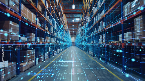 A Modern Automated Warehouse Interior Displaying Stacked Boxes With Digital Data Overlays During Daylight Hours