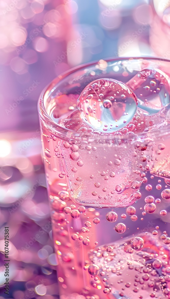A refreshing pink beverage with ice and bubbles in a glass, set against a soft, colorful background. A refreshing pink beverage with ice and bubbles in a glass, set against a soft, colorful background.