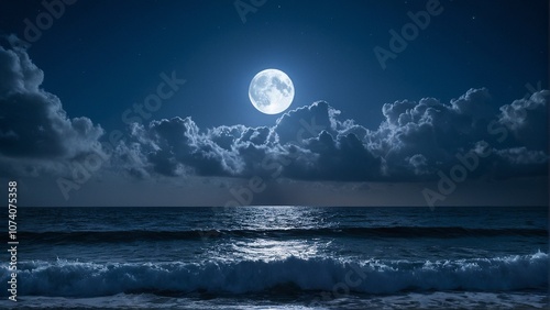 A full moon shines brightly over the ocean, casting a serene glow on the waves and the dark blue sky dotted with white clouds.
