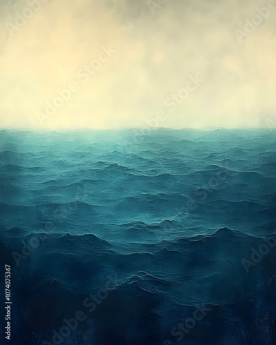 Serene view of calm ocean waves, showcasing a gradient of deep blue and turquoise tones under a soft, muted sky, creating a tranquil and contemplative atmosphere.