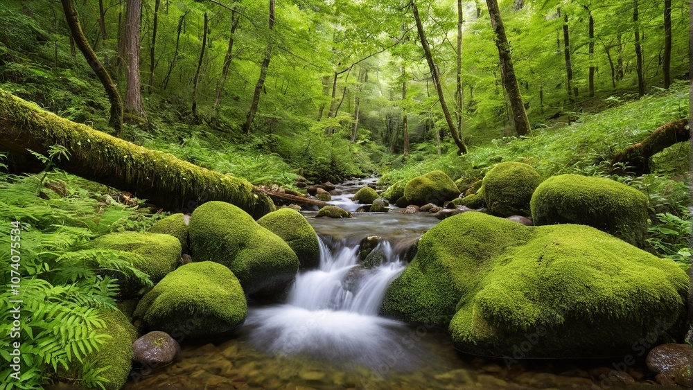 A moss-covered stream flows through a lush forest, surrounded by rocks and ferns, with a fallen tree trunk on the left side. A moss-covered stream flows through a lush forest, surrounded by rocks and ferns, with a fallen tree trunk on the left side.