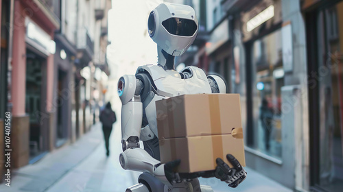 A Humanoid Robot Delivering a Package in a Bustling Urban Street During the Day, Showcasing Advancements in Robotics and Delivery Technology