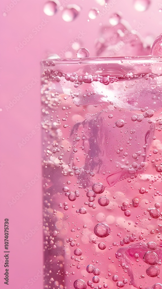A close-up of a sparkling drink with bubbles against a pink background. A close-up of a sparkling drink with bubbles against a pink background.