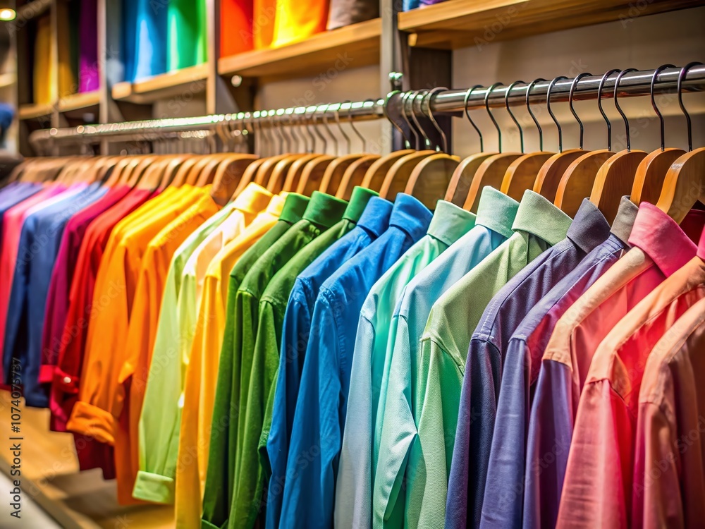 Close-Up of Vibrant Shirts Hanging on a Rack in a Fashion Store Showcasing Colorful Textiles and Minimalist Design for Fashion Enthusiasts and Retail Inspiration Close-Up of Vibrant Shirts Hanging on a Rack in a Fashion Store Showcasing Colorful Textiles and Minimalist Design for Fashion Enthusiasts and Retail Inspiration