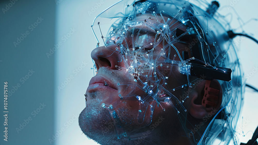 A Person Undergoing a Futuristic Brain Scanning Procedure With Invasive Technology in a Clinical Research Lab During Nighttime Hours