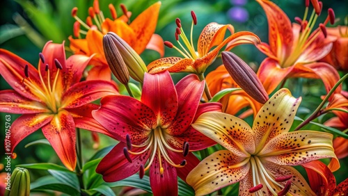 Close-Up of Vibrant Tiger Lily, Japanese Lily, and Devil Lily Blossoms in Summer, Showcasing the Beauty of Nature with Rule of Thirds Composition