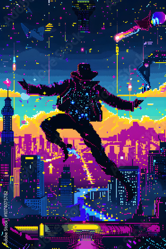 Retro Arcade Game Scene: Dancing Hero in a Futuristic Urban Landscpae Under Starlit Sky photo