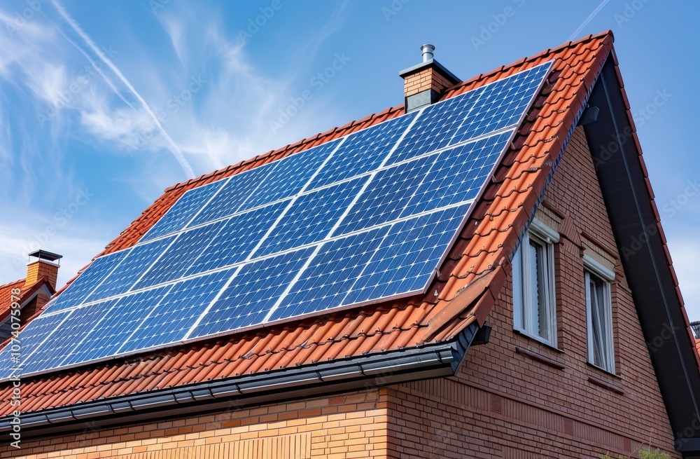 Fototapeta premium Brick house with solar panels on roof against a blue sky
