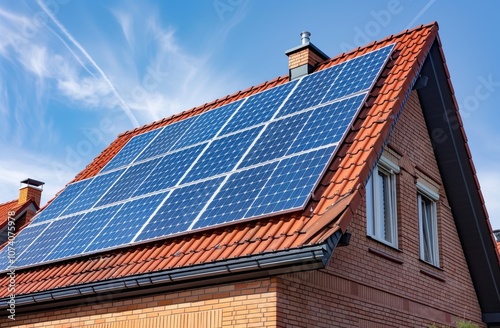 Brick house with solar panels on roof against a blue sky