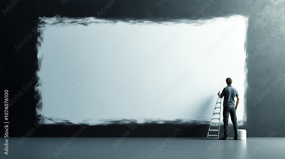 A person painting a wall with white paint, a large space for text on a black background A person painting a wall with white paint, a large space for text on a black background