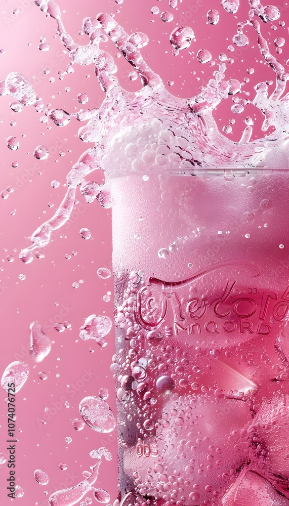 A refreshing pink beverage with bubbles splashing in a glass against a pink background. A refreshing pink beverage with bubbles splashing in a glass against a pink background.