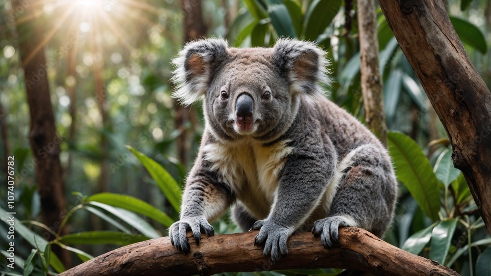 Koala with a curious expression, perched on a branch with sunlight filtering through leaves Koala with a curious expression, perched on a branch with sunlight filtering through leaves