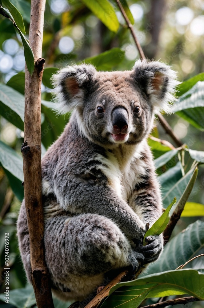 Obraz premium A koala with a playful expression sits on a eucalyptus branch surrounded by lush foliage.