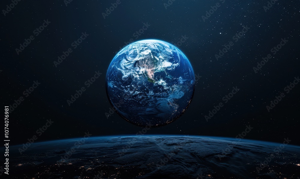 Earth from Space with Visible City Lights and Stars