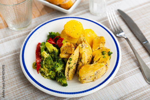 Popular dietary dish all over the world, made from appetizing chicken breast with broccoli and potatoes photo