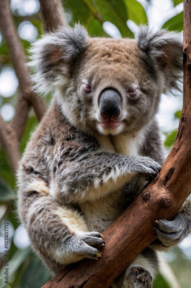 Naklejka premium Koala with a sleepy expression, clinging to a branch amidst lush foliage