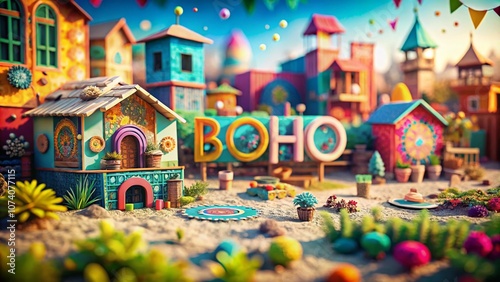 Colorful Boho Color Palette for Kids' Illustrations and Poster Designs Featuring Vibrant Shades, Hex Codes, and Creative Elements in a Tilt-Shift Photography Style