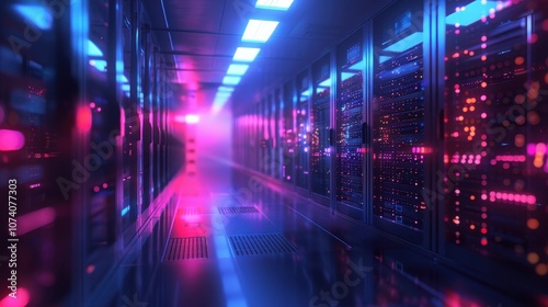 Neon-Lit Server Room with Rows of Servers and Lights Reflecting on Floor