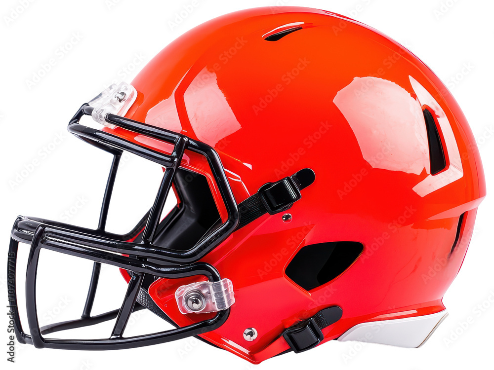 Fototapeta premium Bright Orange Football Helmet with Black Facemask on Transparent Background for Sports Equipment and Team Branding