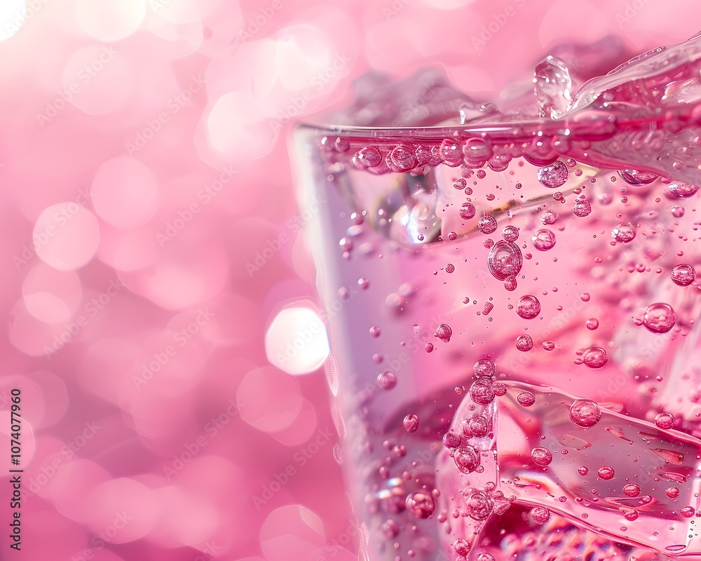 A close-up of a glass filled with pink carbonated drink and ice, with a blurred pink background. A close-up of a glass filled with pink carbonated drink and ice, with a blurred pink background.