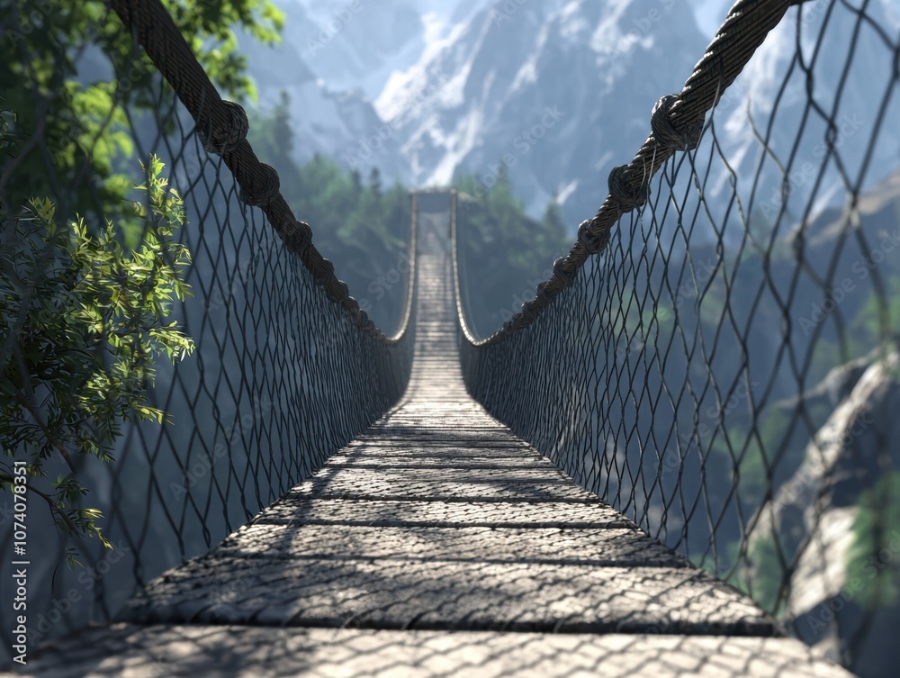 Fototapeta premium Scenic view of a suspension bridge leading into the misty mountains, surrounded by lush greenery and towering peaks under a clear blue sky