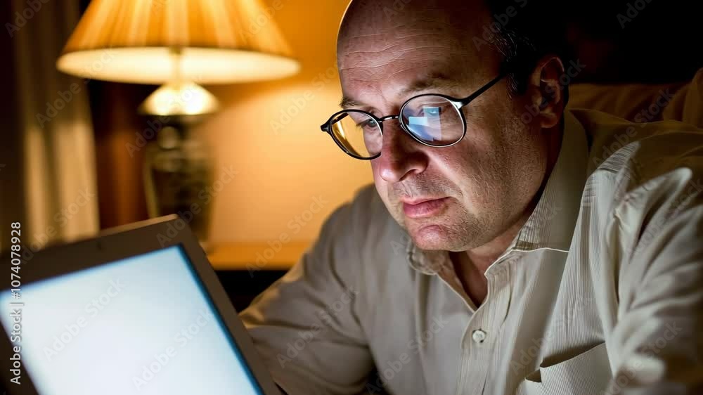 A man with glasses looks intently at a computer screen in a dimly lit room A man with glasses looks intently at a computer screen in a dimly lit room