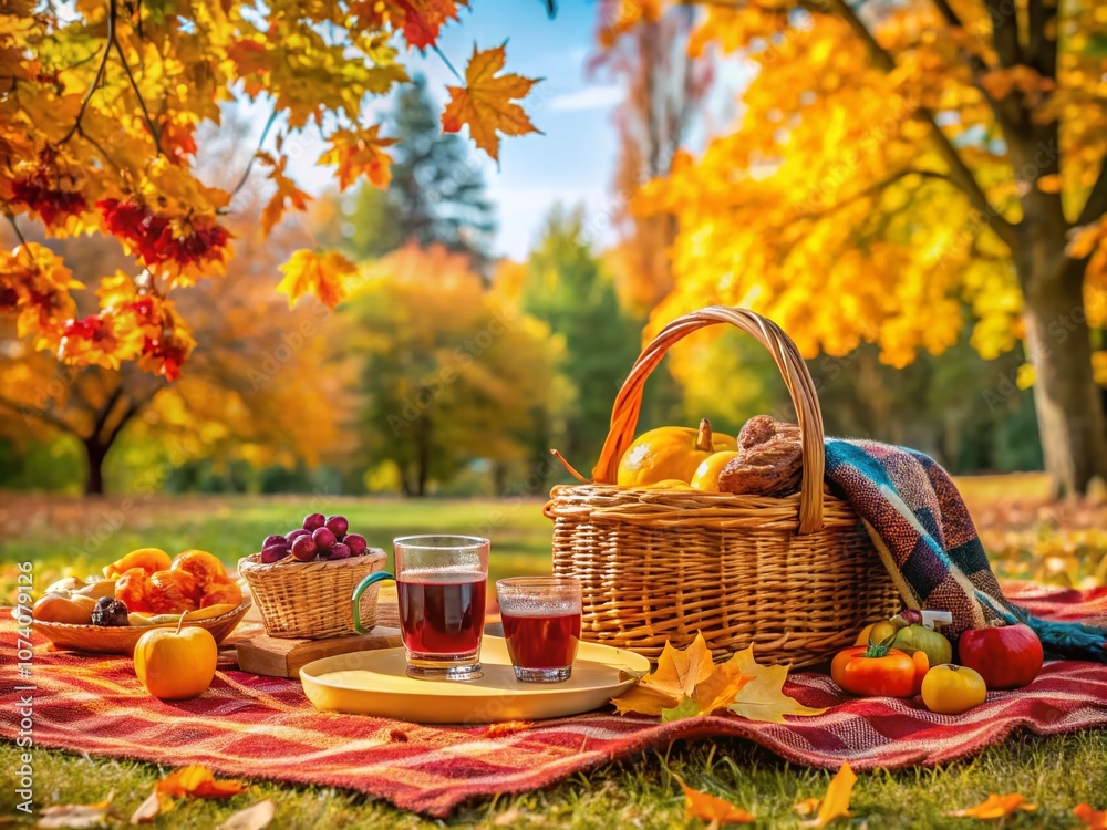 Cozy autumn picnic setup featuring a soft blanket, a rustic basket filled with seasonal treats, vibrant fall leaves scattered around, and refreshing drinks, perfect for an outdoor gathering. Cozy autumn picnic setup featuring a soft blanket, a rustic basket filled with seasonal treats, vibrant fall leaves scattered around, and refreshing drinks, perfect for an outdoor gathering.