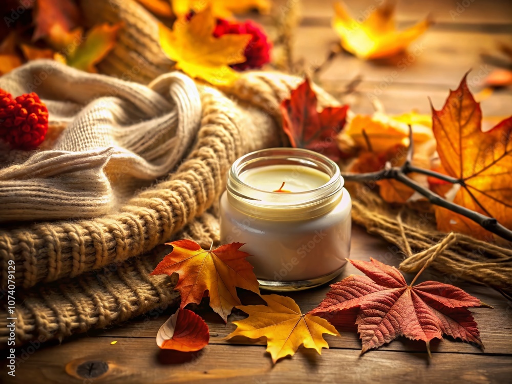 Cozy Autumn Scene with a Jar of Cream Surrounded by Warm Knitwear and Colorful Leaves, Perfect for Skincare and Seasonal Themes Cozy Autumn Scene with a Jar of Cream Surrounded by Warm Knitwear and Colorful Leaves, Perfect for Skincare and Seasonal Themes