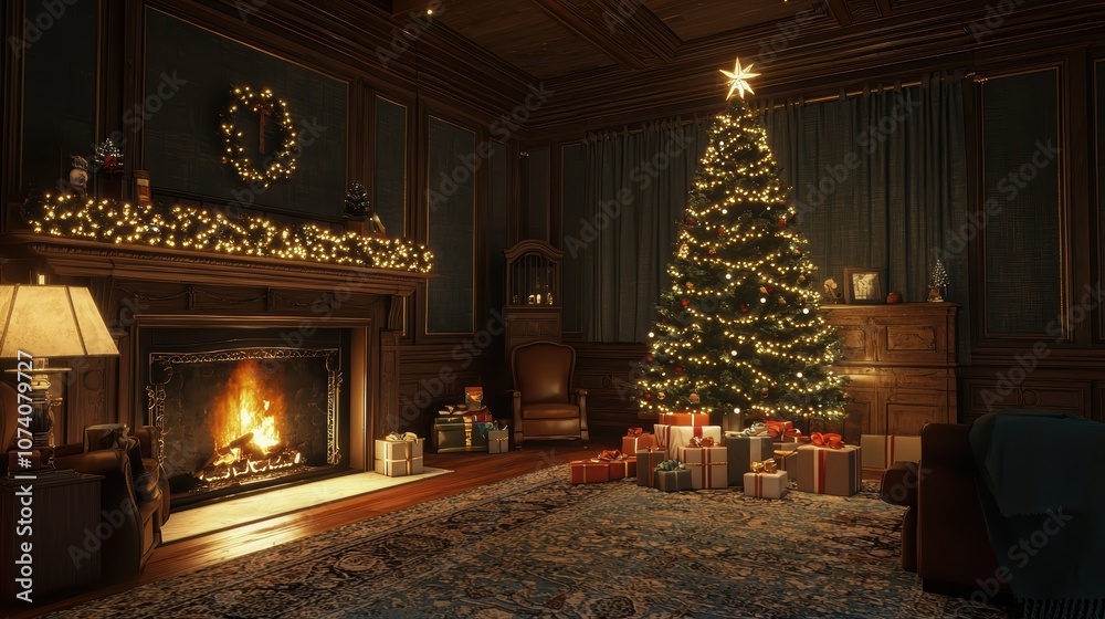 Cozy and Elegant Christmas Living Room Featuring a Beautifully Decorated Tree, Warm Fireplace, and Gifts in a Festive Holiday Setting