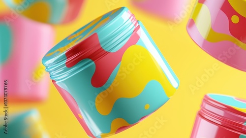 Colorful Abstract Containers Floating Against a Vibrant Yellow Background with Dynamic Patterns for Creative Marketing and Branding Projects