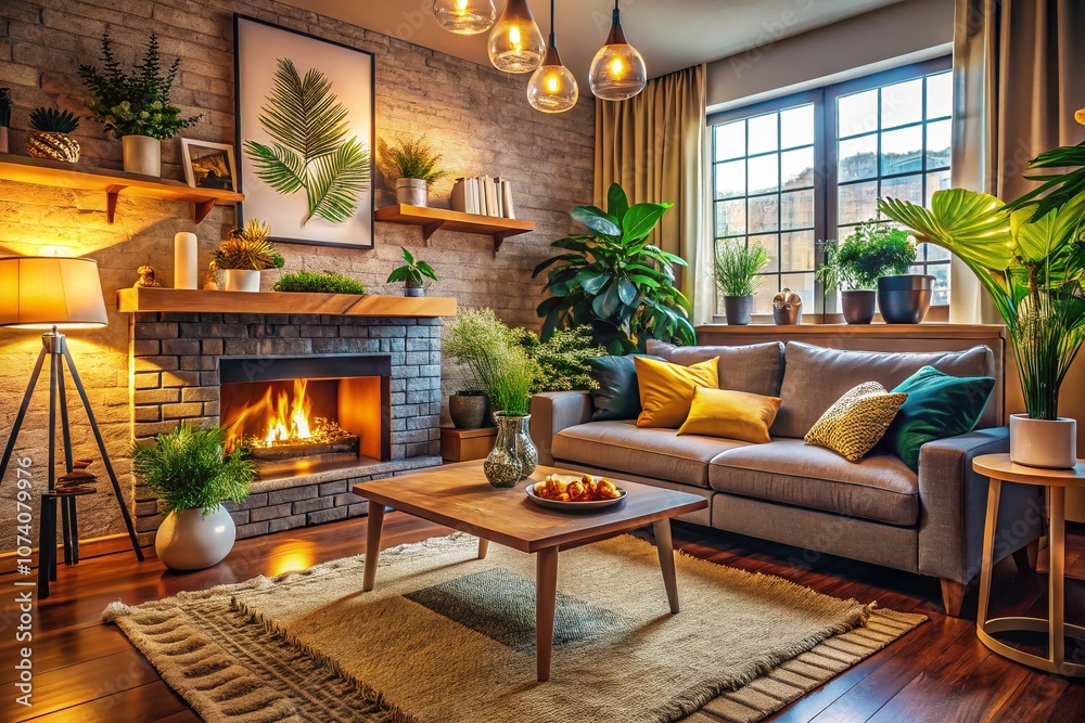 Cozy Living Room with Fireplace Featuring Modern Decor and Warm Ambiance, Perfect for Relaxation and Family Gatherings, with Ample Copy Space for Text Overlay