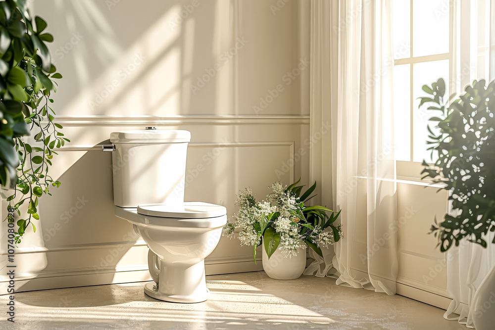 Fototapeta premium White toilet is in a bathroom with plants in pots.