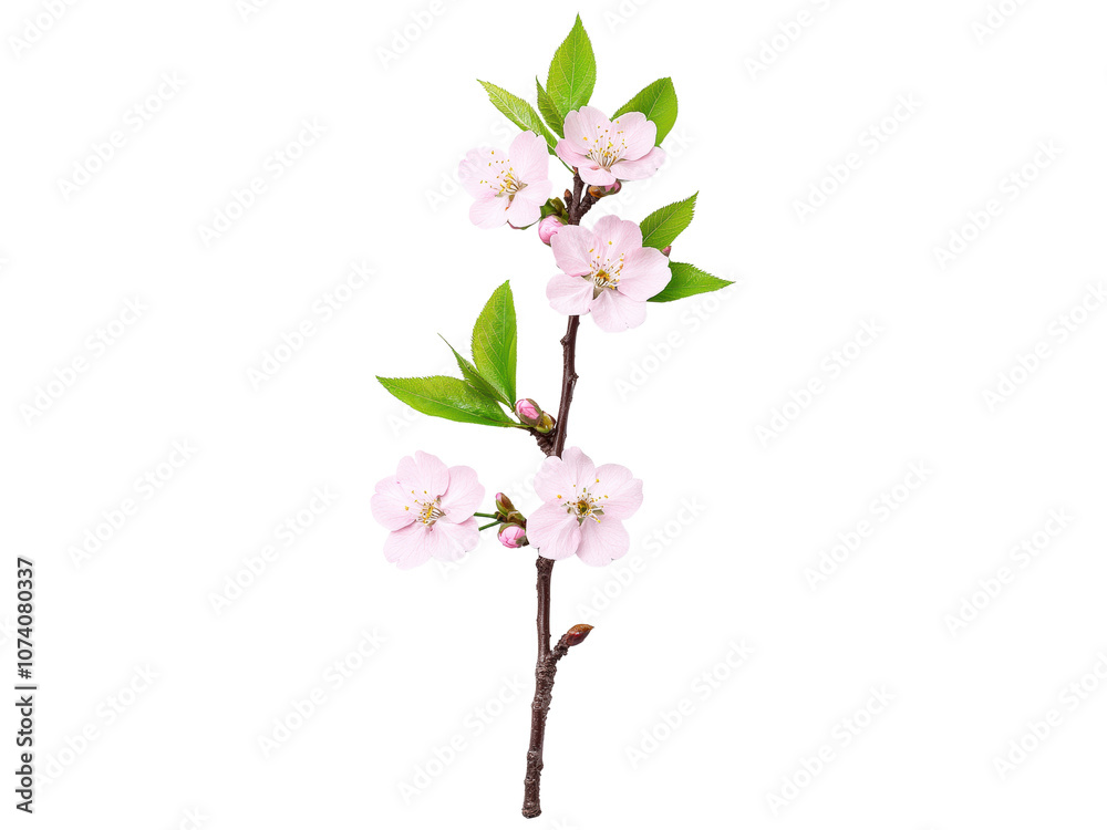 Naklejka premium Beautiful Branch of Cherry Blossom with Pink Flowers and Green Leaves on a Transparent Background for Graphic Design and Decoration Use