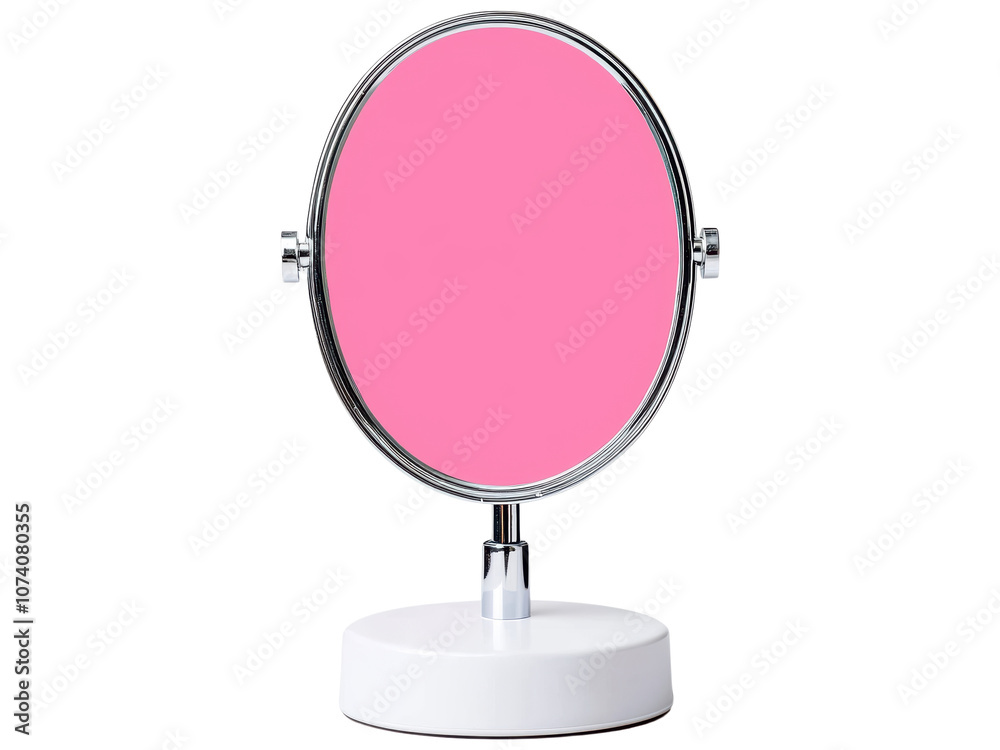 Round makeup mirror with pink reflection on a clean, transparent background, perfect for beauty and cosmetics application or product photography settings