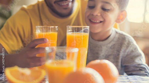 A father and son sharing a moment over glasses of freshly squeezed orange juice.