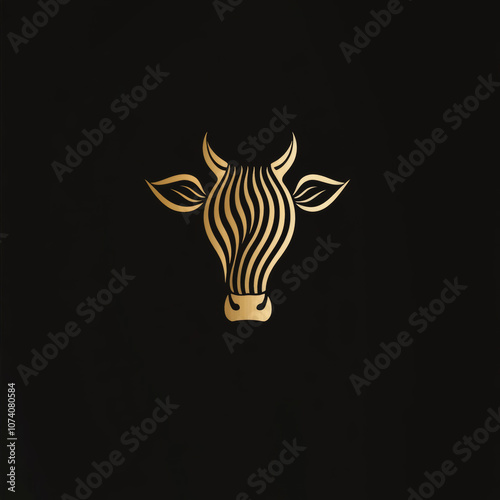 Golden cow head logo with abstract lines on black background. photo