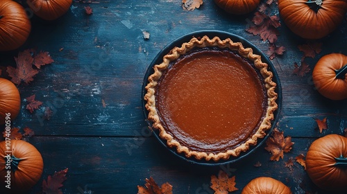 Pumpkin pie surrounded by autumn leaves and pumpkins, evoking a cozy harvest vibe.