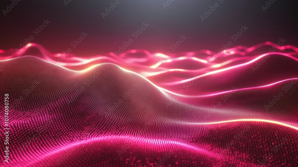 Obraz premium Abstract Waves of Light in Vibrant Pink and Red Tones Creating a Futuristic Landscape of Flowing Energy and Movement, with Glowing Highlights Under a Dim Background