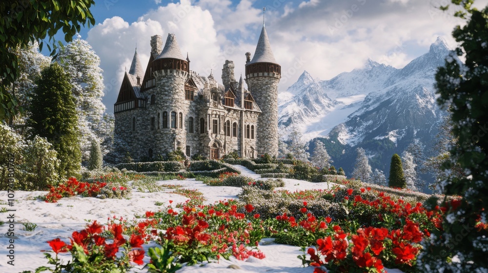 Obraz premium Alpine Castle Grandeur: Snowy Elegance and Floral Splendor